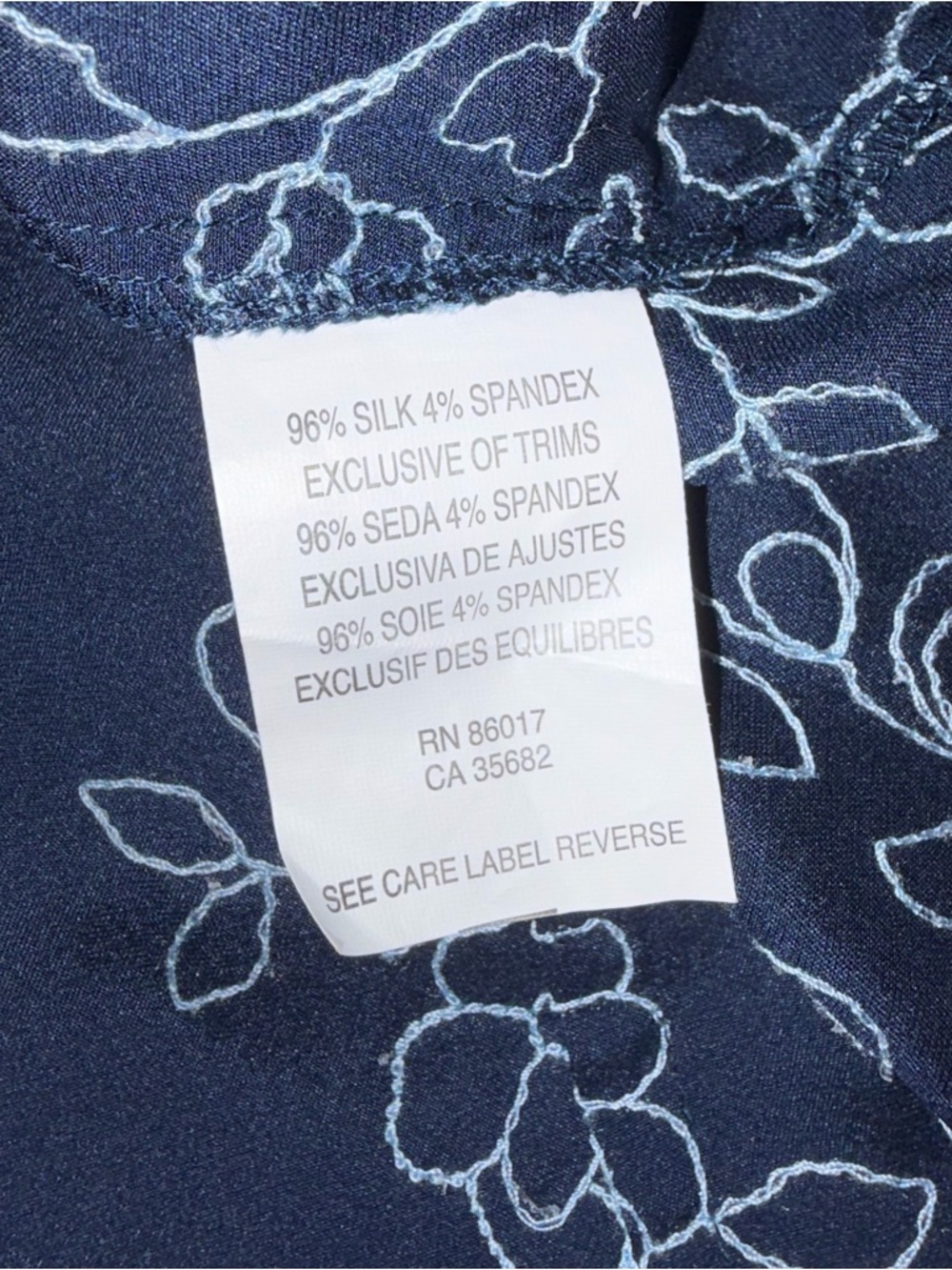 bebe Amanda Navy Floral Embroidered Stretch Silk Button-Down Shirt - Picture 10 of 11